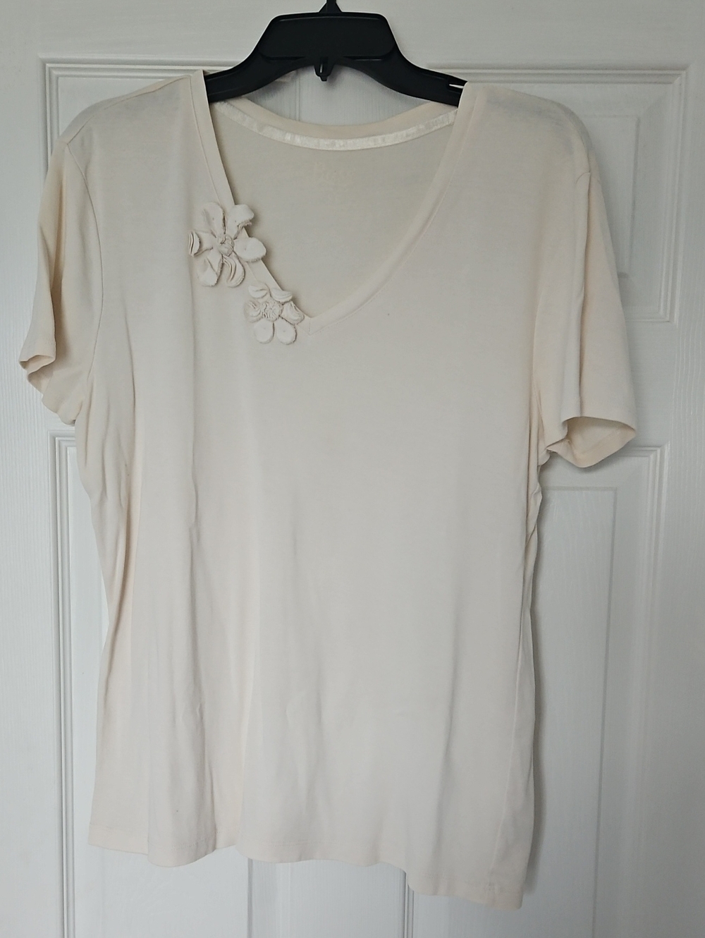 Women’s Cream V-Neck Short Sleeve Top with Floral Appliqué